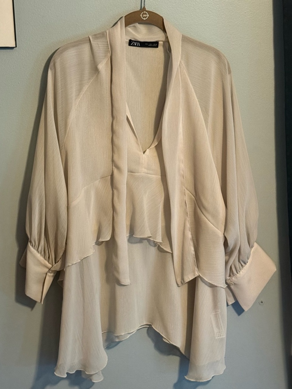 ZARA Cream Draped Ruffle Blouse with Tie Front